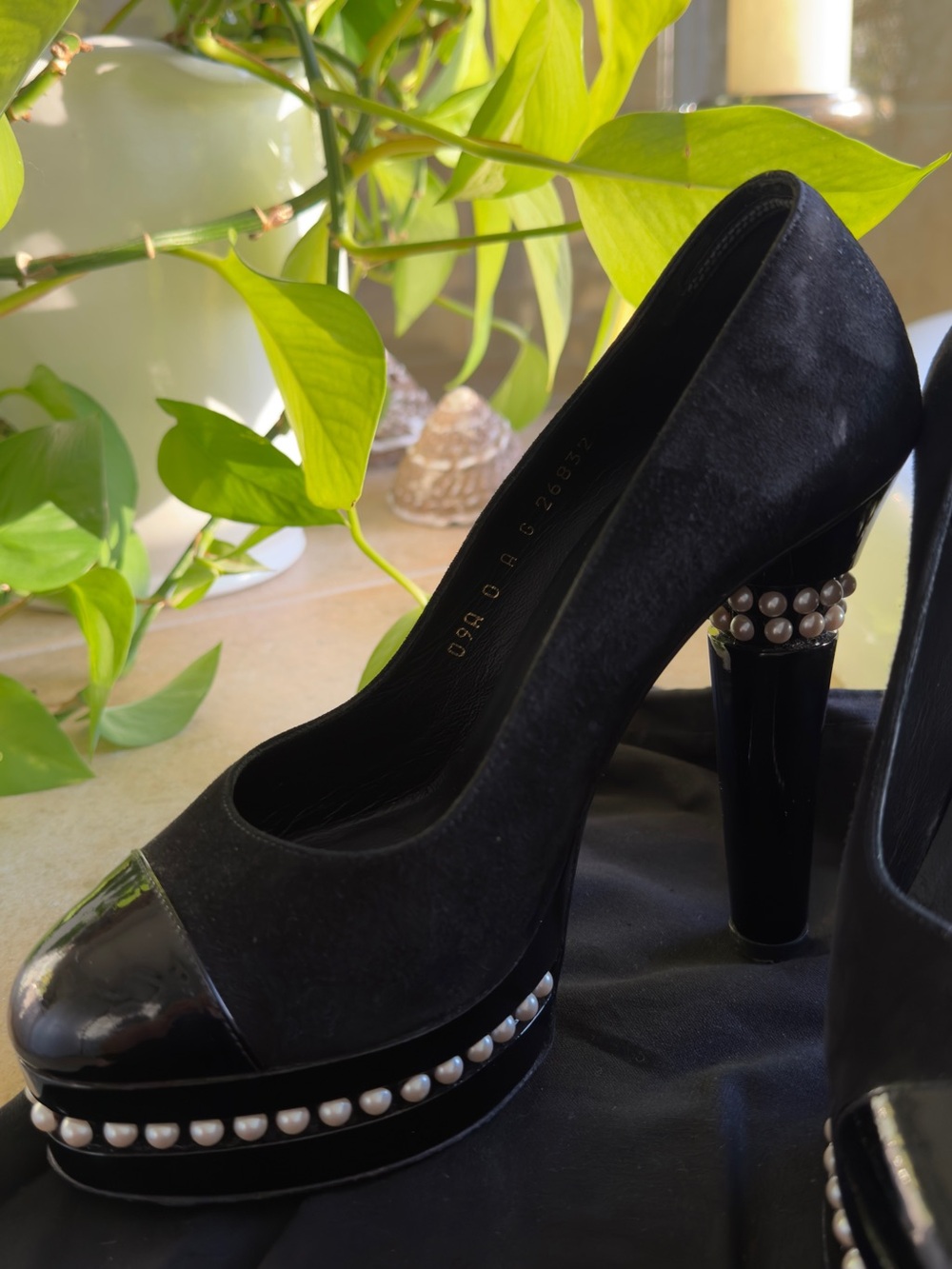 CHANEL Black Suede Pearl-Trim Platform Pumps - Picture 5 of 5